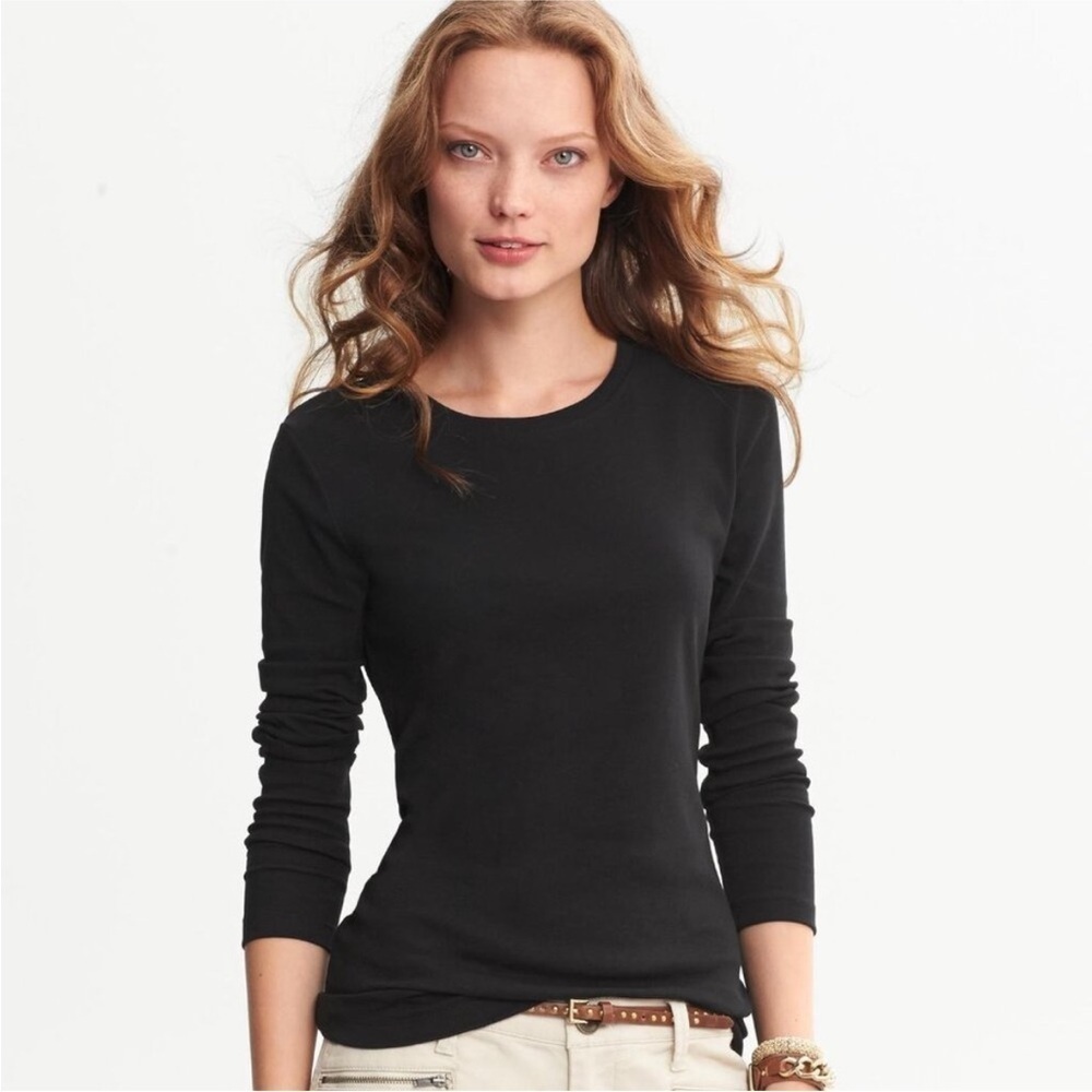 INC International Concepts Long Sleeve Ribbed Tee Black Size Large